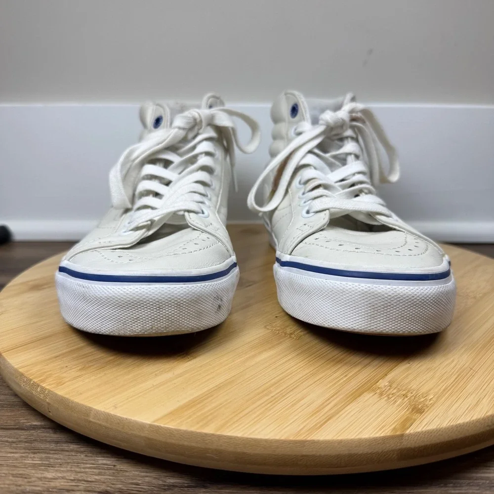 Vans Sk8-Hi Sneakers Womens 7 Mens 5.5 Off-White Leather Good High Top Blue Trim